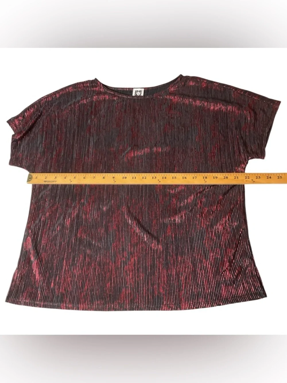 Anne Klein Metallic Red and Black textured Short Sleeve Top L - Picture 8 of 9